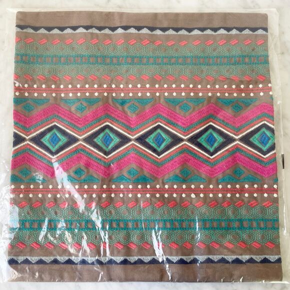 West Elm Embroidered Throw Pillow Cover Pueblo Taupe Pink Turquoise 15 x 16 NEW - Picture 1 of 5